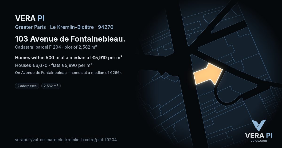 103 Avenue de Fontainebleau, Le Kremlin-Bicêtre at night – the plot lit, the parcels around coloured by the prices near them