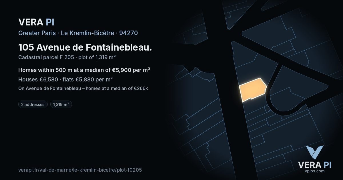 105 Avenue de Fontainebleau, Le Kremlin-Bicêtre at night – the plot lit, the parcels around coloured by the prices near them