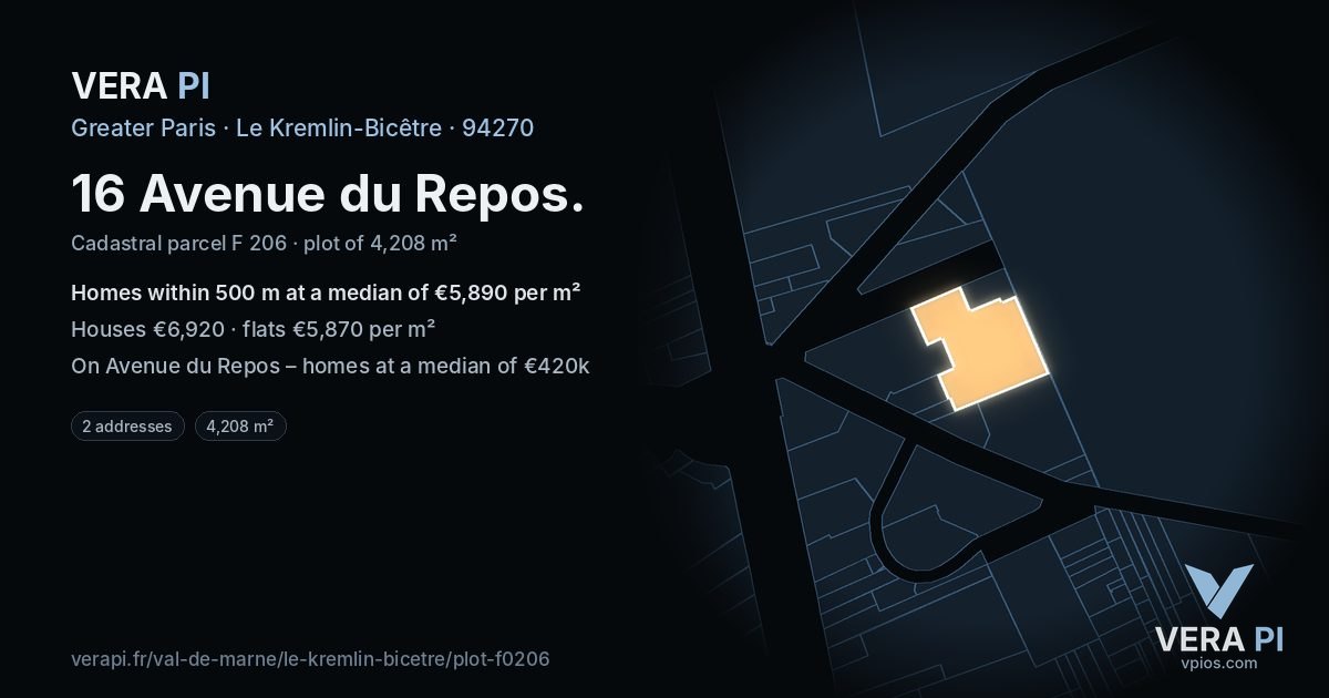 16 Avenue du Repos, Le Kremlin-Bicêtre at night – the plot lit, the parcels around coloured by the prices near them