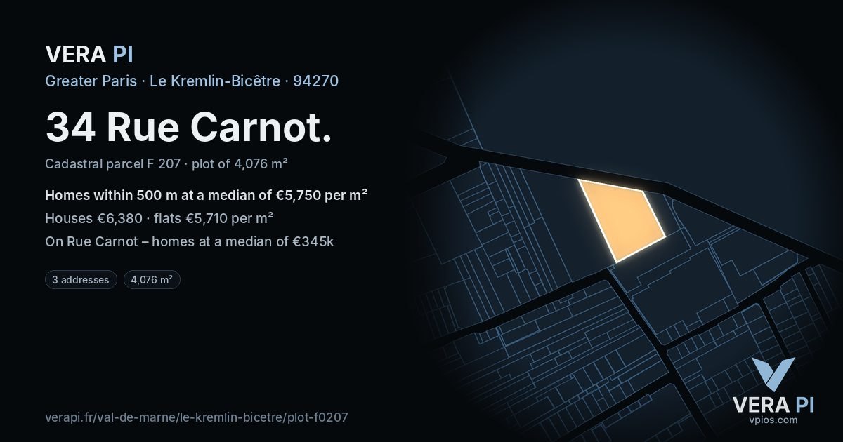 34 Rue Carnot, Le Kremlin-Bicêtre at night – the plot lit, the parcels around coloured by the prices near them
