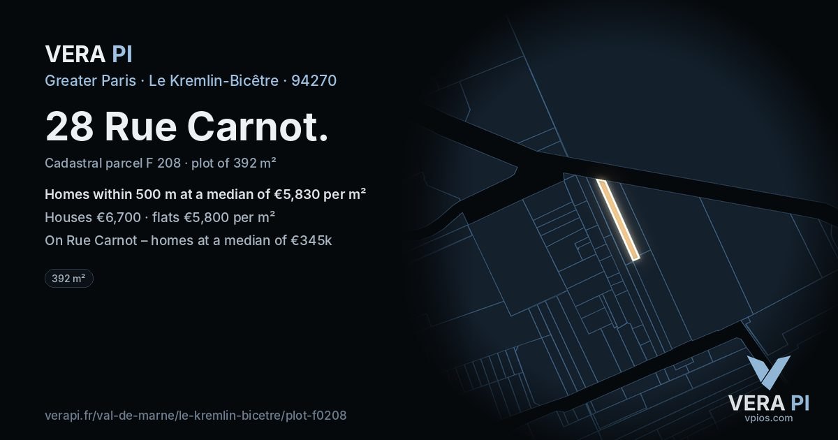 28 Rue Carnot, Le Kremlin-Bicêtre at night – the plot lit, the parcels around coloured by the prices near them
