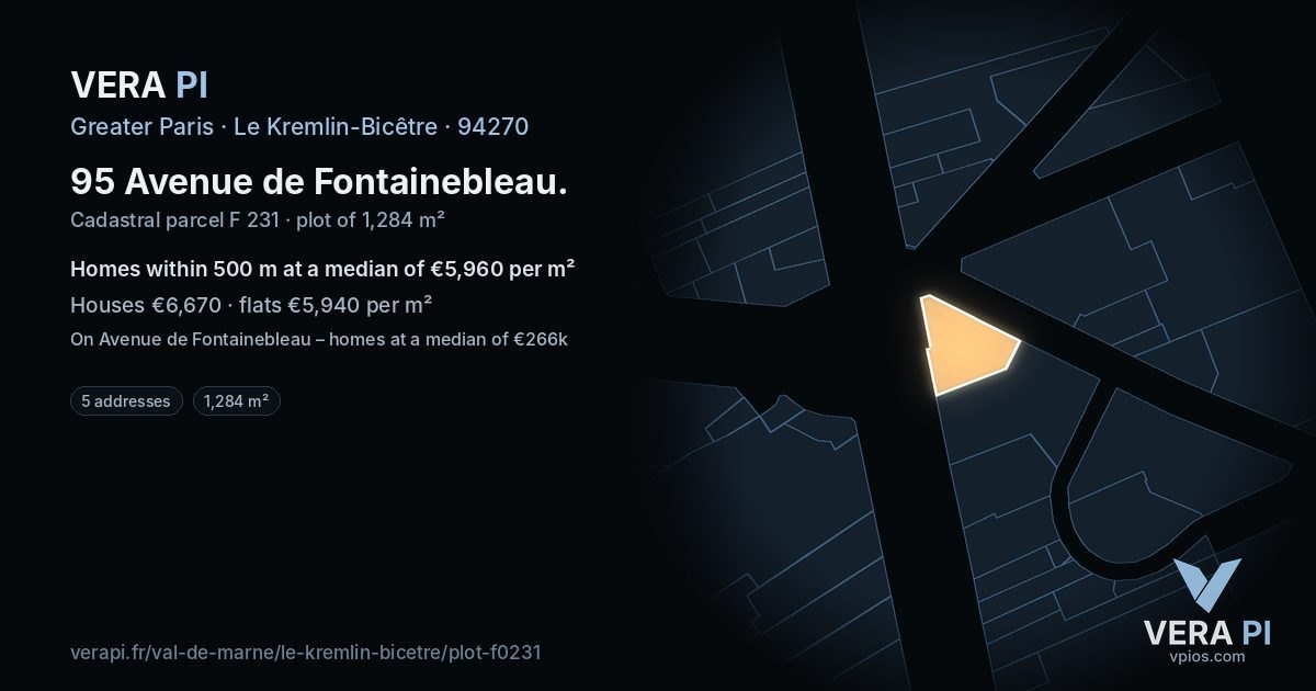 95 Avenue de Fontainebleau, Le Kremlin-Bicêtre at night – the plot lit, the parcels around coloured by the prices near them