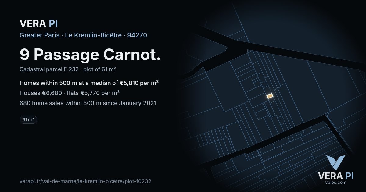 9 Passage Carnot, Le Kremlin-Bicêtre at night – the plot lit, the parcels around coloured by the prices near them