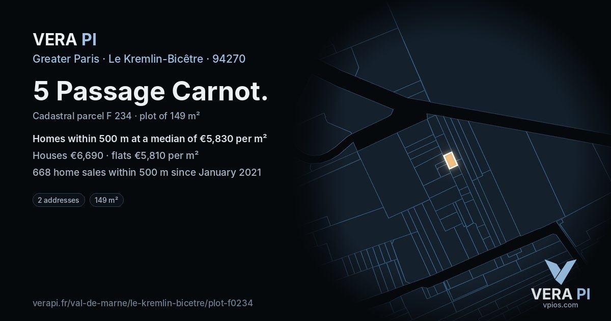 5 Passage Carnot, Le Kremlin-Bicêtre at night – the plot lit, the parcels around coloured by the prices near them