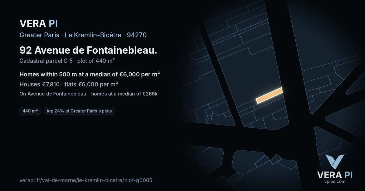 92 Avenue de Fontainebleau, Le Kremlin-Bicêtre at night – the plot lit, the parcels around coloured by the prices near them