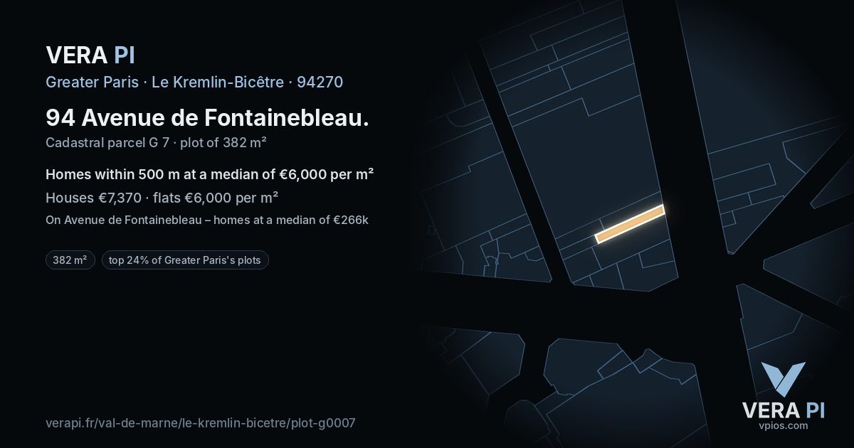 94 Avenue de Fontainebleau, Le Kremlin-Bicêtre at night – the plot lit, the parcels around coloured by the prices near them