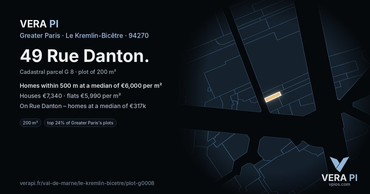 49 Rue Danton, Le Kremlin-Bicêtre at night – the plot lit, the parcels around coloured by the prices near them