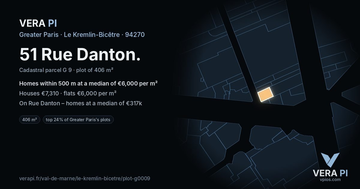 51 Rue Danton, Le Kremlin-Bicêtre at night – the plot lit, the parcels around coloured by the prices near them