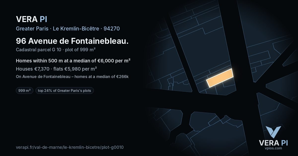 96 Avenue de Fontainebleau, Le Kremlin-Bicêtre at night – the plot lit, the parcels around coloured by the prices near them