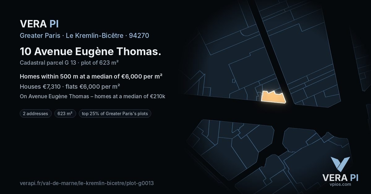 10 Avenue Eugène Thomas, Le Kremlin-Bicêtre at night – the plot lit, the parcels around coloured by the prices near them