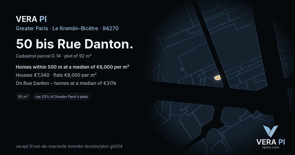50 bis Rue Danton, Le Kremlin-Bicêtre at night – the plot lit, the parcels around coloured by the prices near them