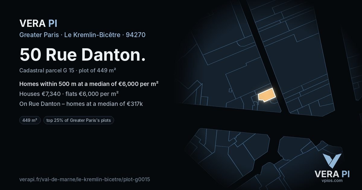 50 Rue Danton, Le Kremlin-Bicêtre at night – the plot lit, the parcels around coloured by the prices near them