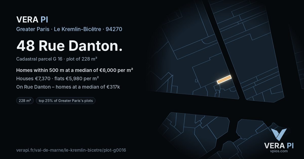 48 Rue Danton, Le Kremlin-Bicêtre at night – the plot lit, the parcels around coloured by the prices near them