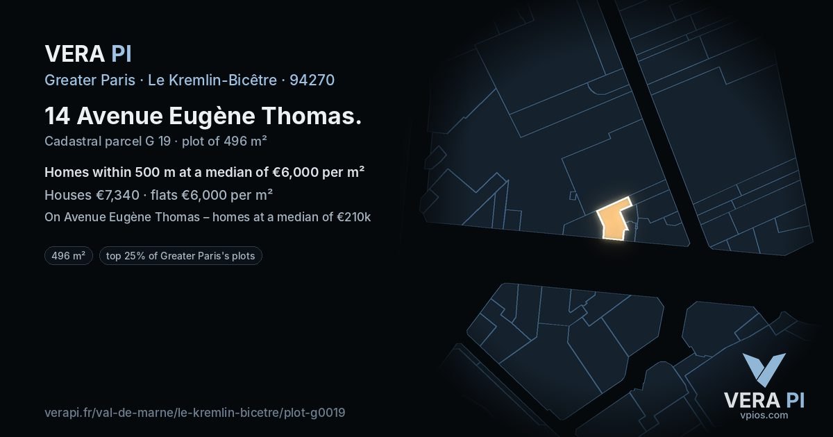 14 Avenue Eugène Thomas, Le Kremlin-Bicêtre at night – the plot lit, the parcels around coloured by the prices near them
