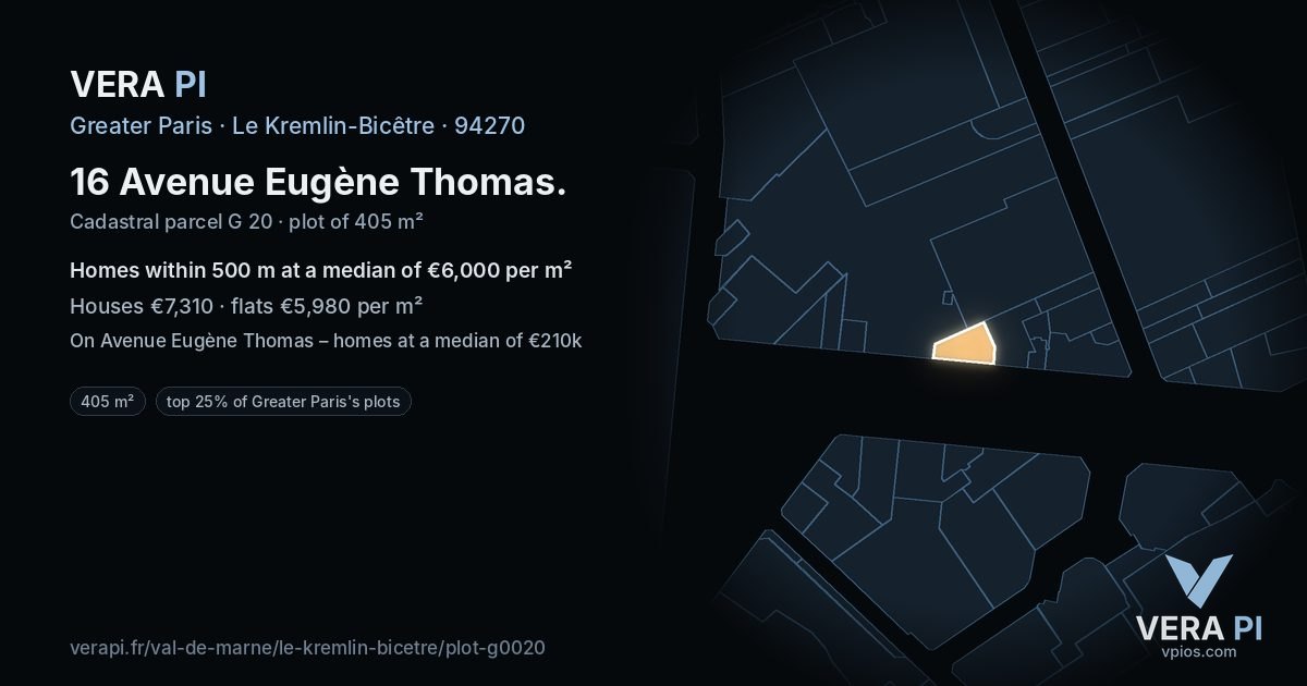 16 Avenue Eugène Thomas, Le Kremlin-Bicêtre at night – the plot lit, the parcels around coloured by the prices near them