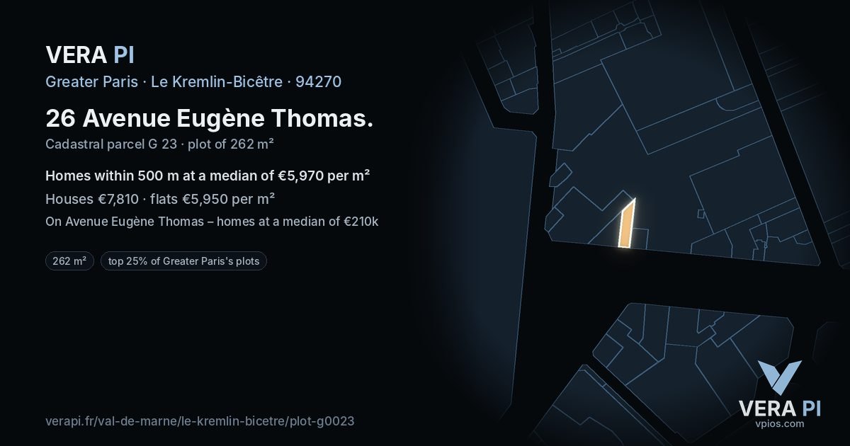 26 Avenue Eugène Thomas, Le Kremlin-Bicêtre at night – the plot lit, the parcels around coloured by the prices near them