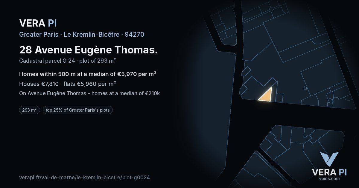 28 Avenue Eugène Thomas, Le Kremlin-Bicêtre at night – the plot lit, the parcels around coloured by the prices near them