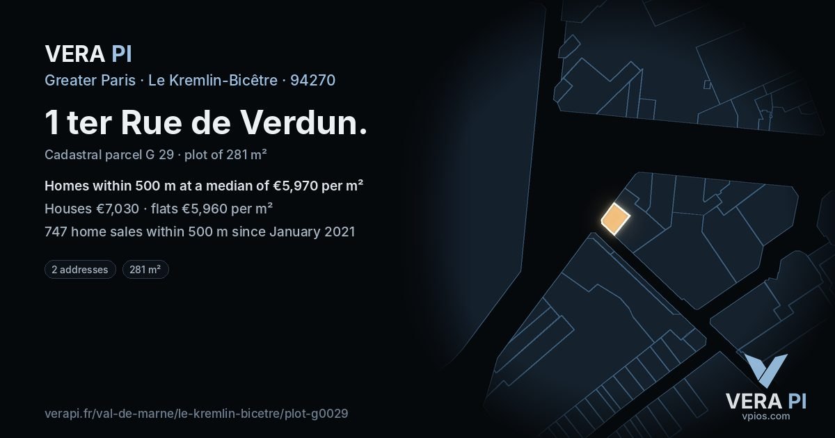 1 ter Rue de Verdun, Le Kremlin-Bicêtre at night – the plot lit, the parcels around coloured by the prices near them