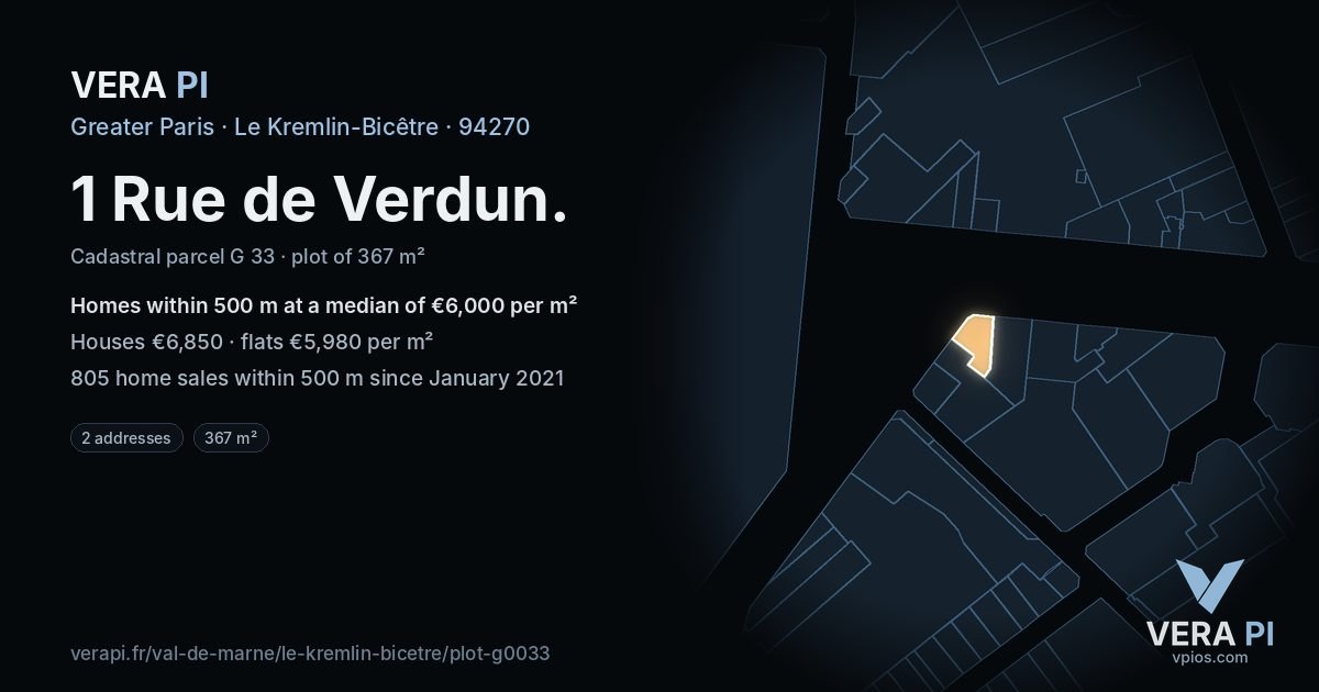 1 Rue de Verdun, Le Kremlin-Bicêtre at night – the plot lit, the parcels around coloured by the prices near them