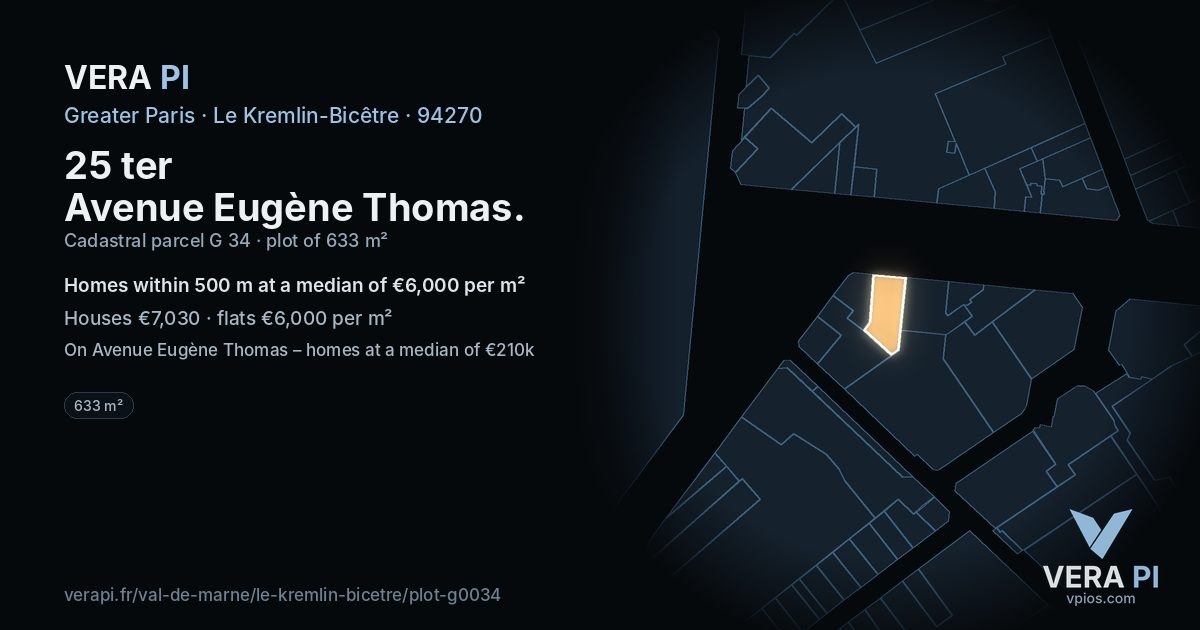 25 ter Avenue Eugène Thomas, Le Kremlin-Bicêtre at night – the plot lit, the parcels around coloured by the prices near them