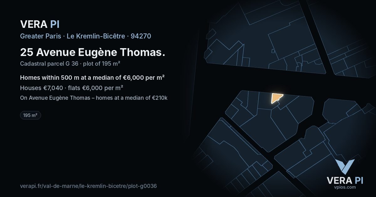 25 Avenue Eugène Thomas, Le Kremlin-Bicêtre at night – the plot lit, the parcels around coloured by the prices near them