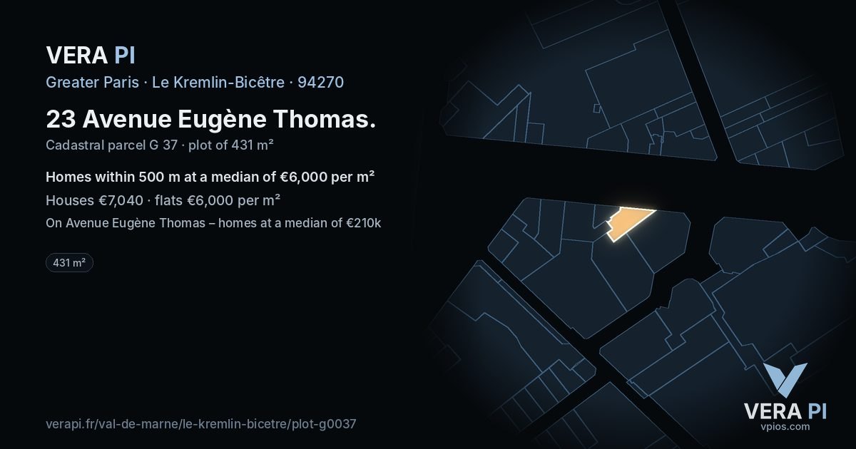 23 Avenue Eugène Thomas, Le Kremlin-Bicêtre at night – the plot lit, the parcels around coloured by the prices near them
