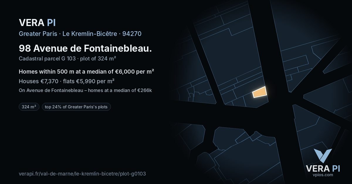 98 Avenue de Fontainebleau, Le Kremlin-Bicêtre at night – the plot lit, the parcels around coloured by the prices near them