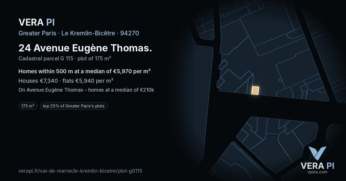 24 Avenue Eugène Thomas, Le Kremlin-Bicêtre at night – the plot lit, the parcels around coloured by the prices near them