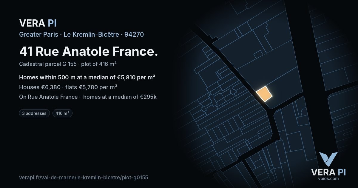 41 Rue Anatole France, Le Kremlin-Bicêtre at night – the plot lit, the parcels around coloured by the prices near them