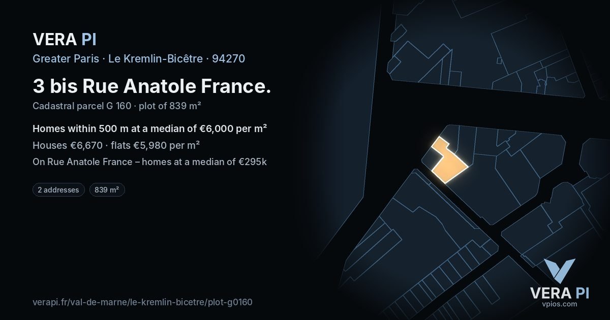 3 bis Rue Anatole France, Le Kremlin-Bicêtre at night – the plot lit, the parcels around coloured by the prices near them