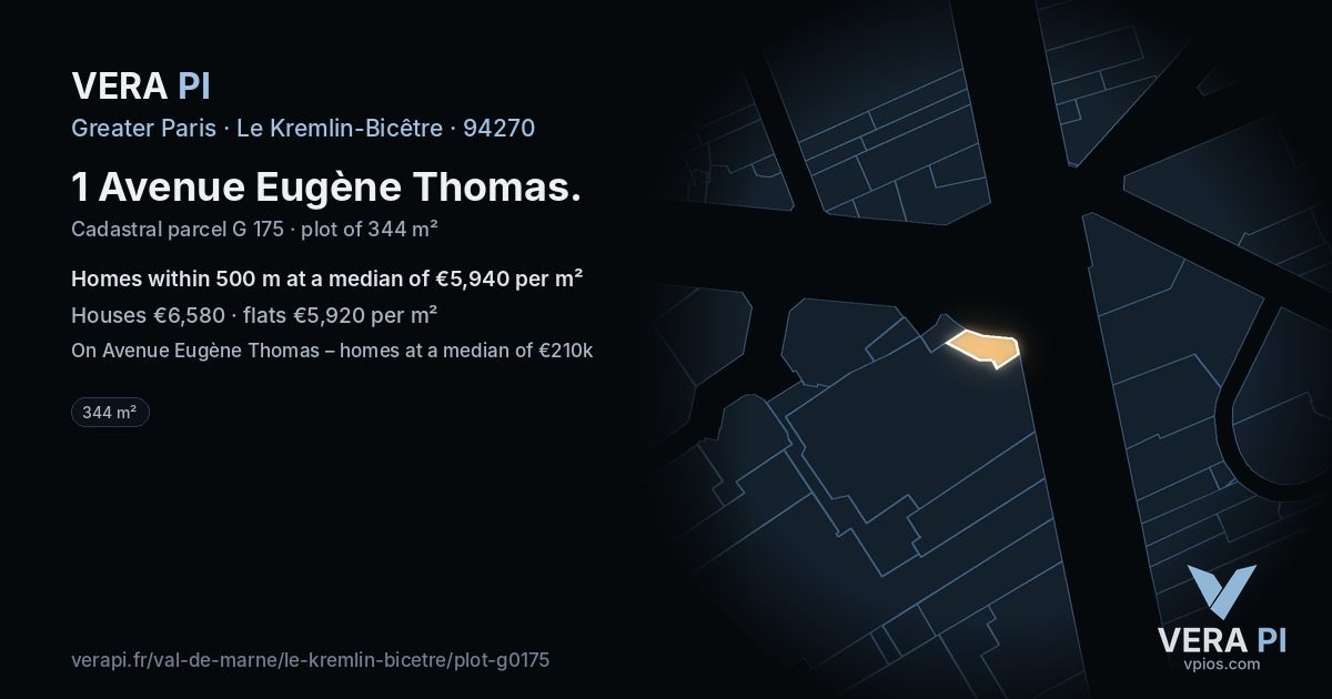 1 Avenue Eugène Thomas, Le Kremlin-Bicêtre at night – the plot lit, the parcels around coloured by the prices near them