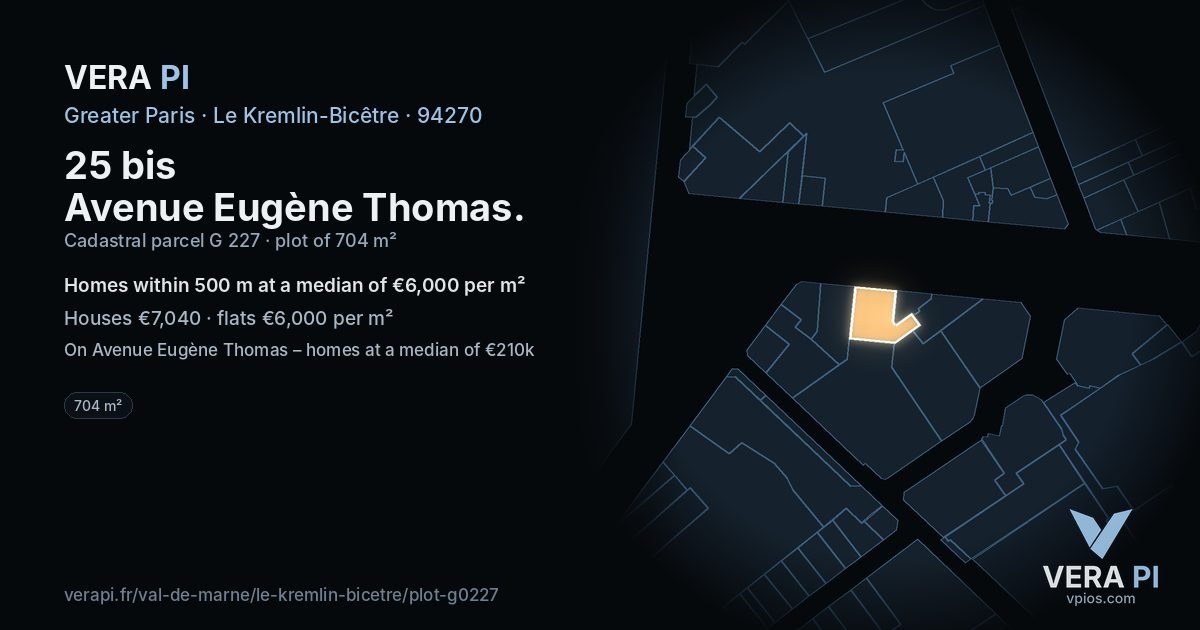 25 bis Avenue Eugène Thomas, Le Kremlin-Bicêtre at night – the plot lit, the parcels around coloured by the prices near them