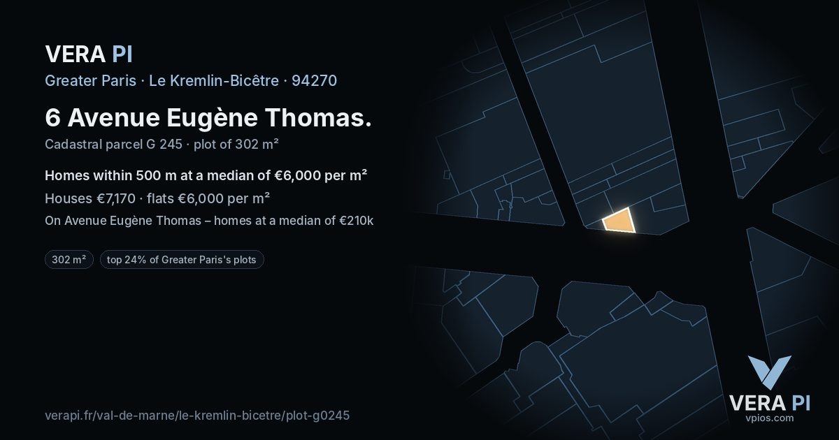 6 Avenue Eugène Thomas, Le Kremlin-Bicêtre at night – the plot lit, the parcels around coloured by the prices near them