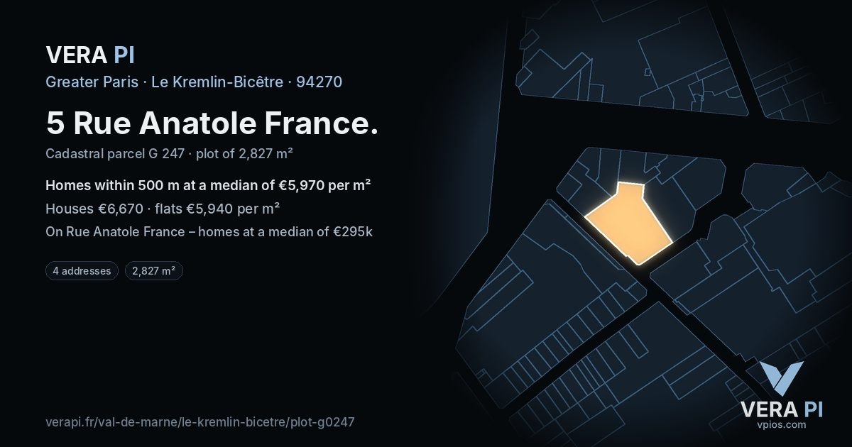 5 Rue Anatole France, Le Kremlin-Bicêtre at night – the plot lit, the parcels around coloured by the prices near them