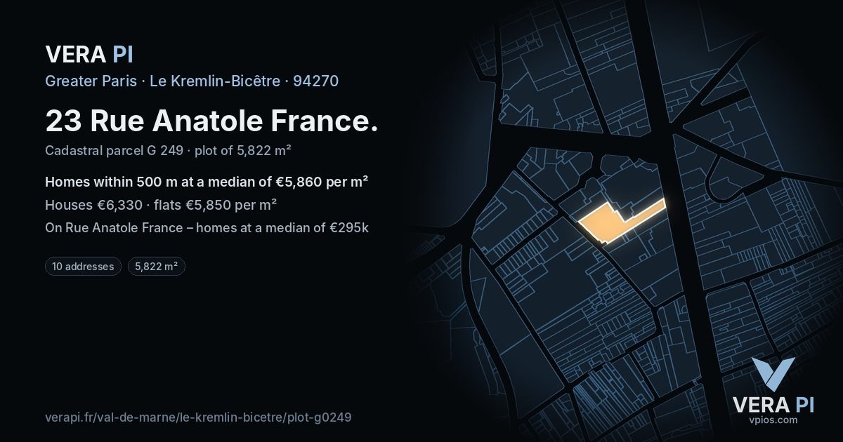 23 Rue Anatole France, Le Kremlin-Bicêtre at night – the plot lit, the parcels around coloured by the prices near them