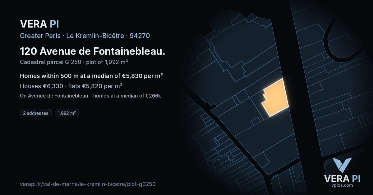 120 Avenue de Fontainebleau, Le Kremlin-Bicêtre at night – the plot lit, the parcels around coloured by the prices near them