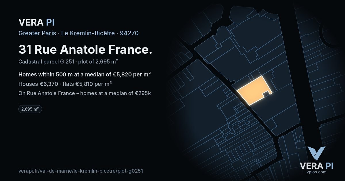 31 Rue Anatole France, Le Kremlin-Bicêtre at night – the plot lit, the parcels around coloured by the prices near them