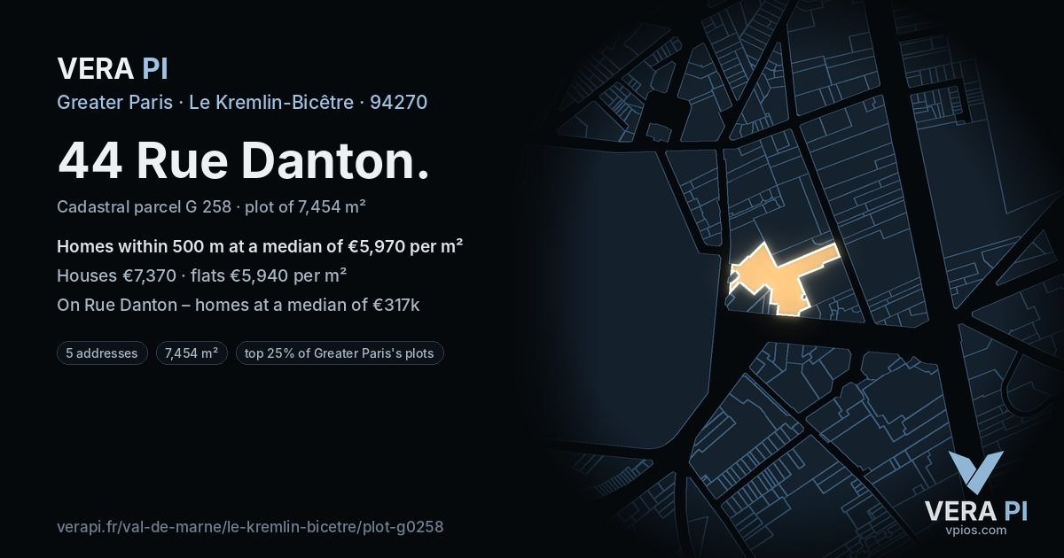 44 Rue Danton, Le Kremlin-Bicêtre at night – the plot lit, the parcels around coloured by the prices near them