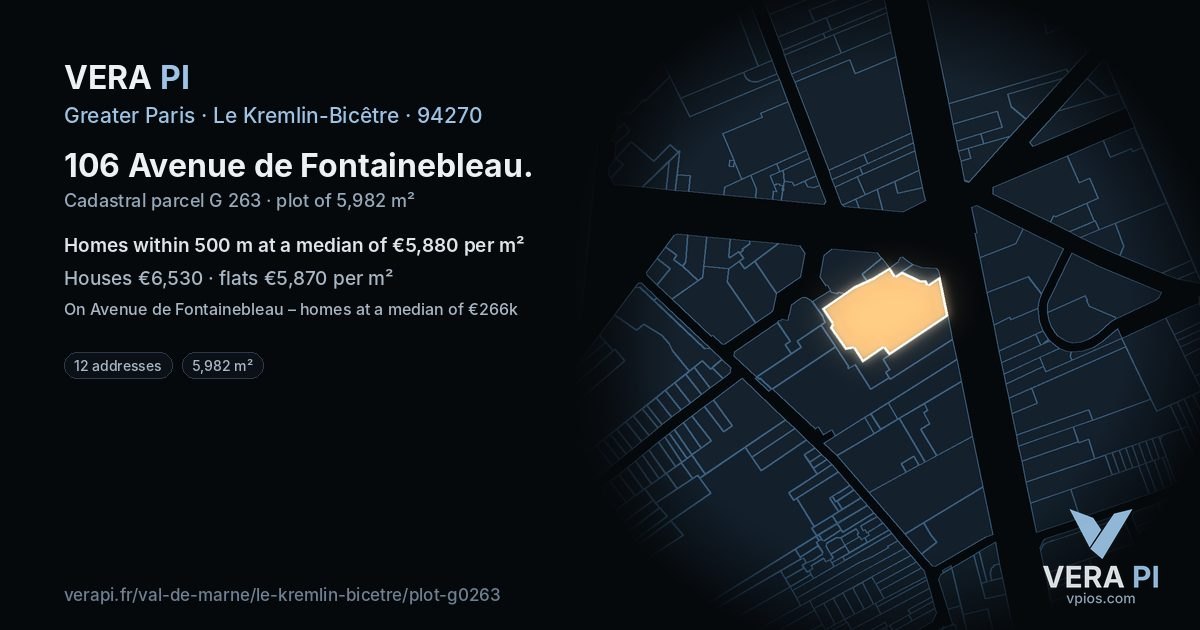 106 Avenue de Fontainebleau, Le Kremlin-Bicêtre at night – the plot lit, the parcels around coloured by the prices near them