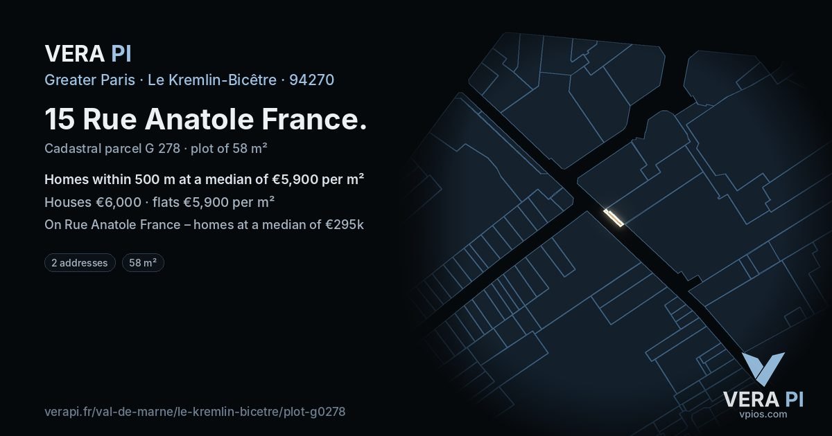 15 Rue Anatole France, Le Kremlin-Bicêtre at night – the plot lit, the parcels around coloured by the prices near them