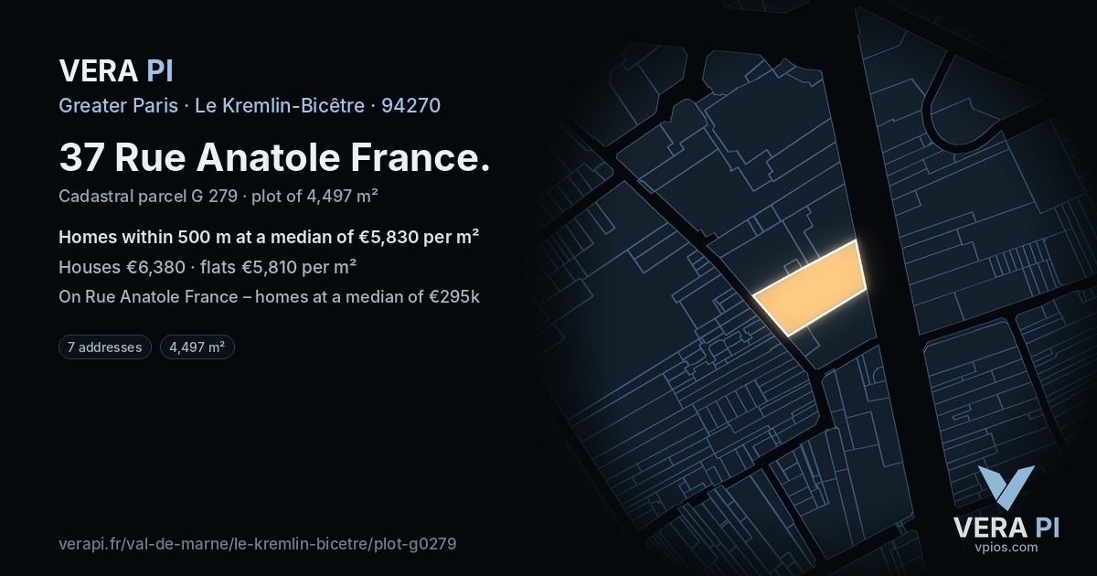 37 Rue Anatole France, Le Kremlin-Bicêtre at night – the plot lit, the parcels around coloured by the prices near them