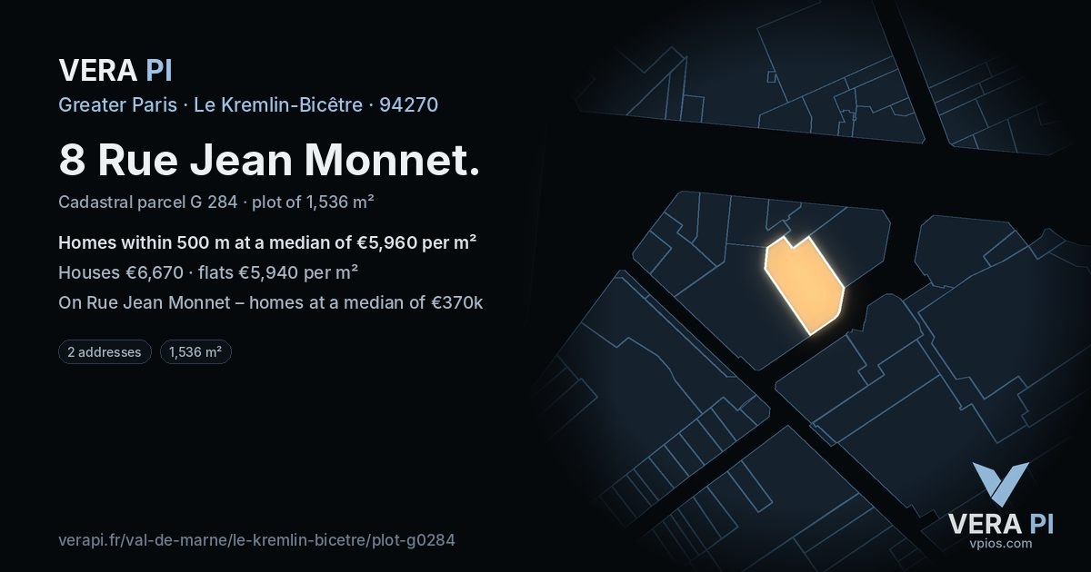 8 Rue Jean Monnet, Le Kremlin-Bicêtre at night – the plot lit, the parcels around coloured by the prices near them