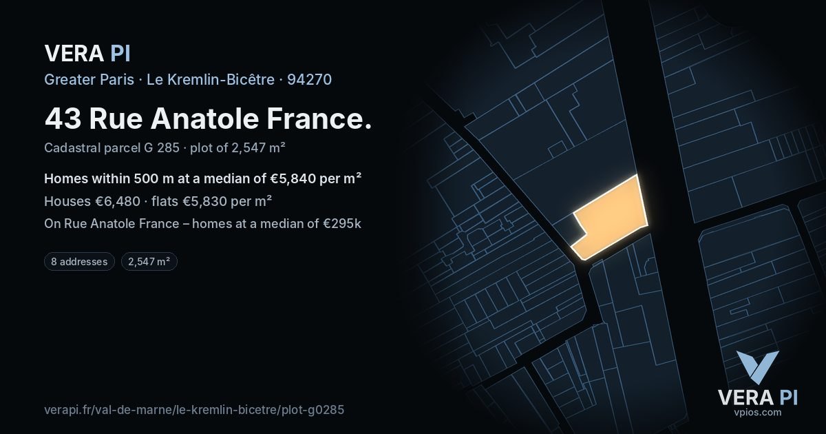 43 Rue Anatole France, Le Kremlin-Bicêtre at night – the plot lit, the parcels around coloured by the prices near them