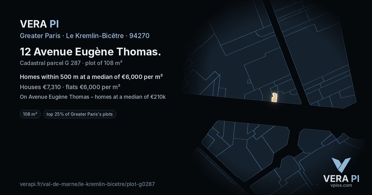 12 Avenue Eugène Thomas, Le Kremlin-Bicêtre at night – the plot lit, the parcels around coloured by the prices near them
