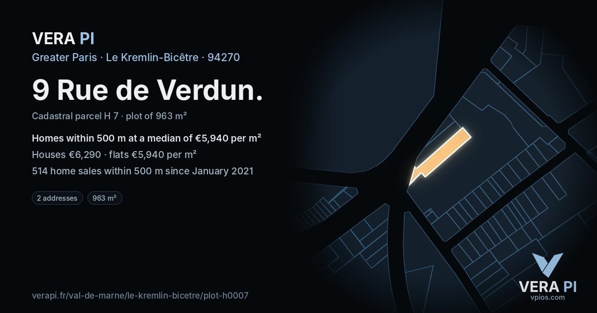 9 Rue de Verdun, Le Kremlin-Bicêtre at night – the plot lit, the parcels around coloured by the prices near them