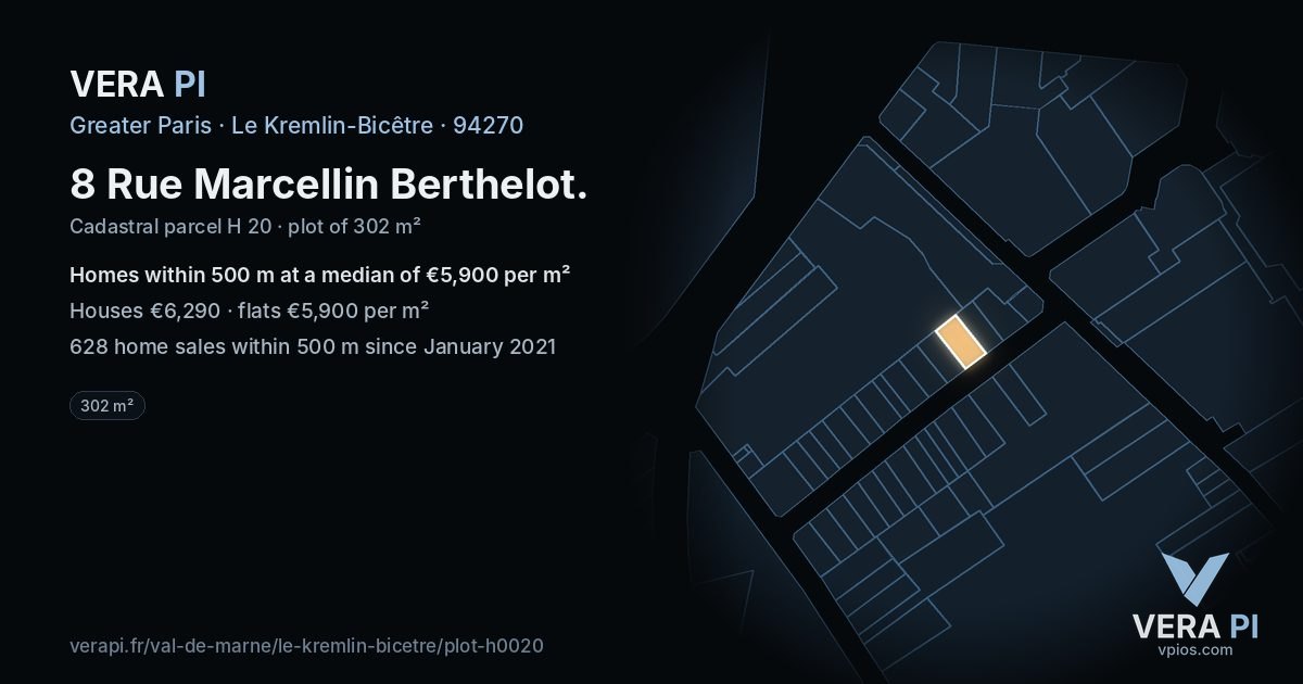 8 Rue Marcellin Berthelot, Le Kremlin-Bicêtre at night – the plot lit, the parcels around coloured by the prices near them