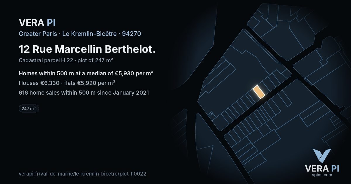 12 Rue Marcellin Berthelot, Le Kremlin-Bicêtre at night – the plot lit, the parcels around coloured by the prices near them