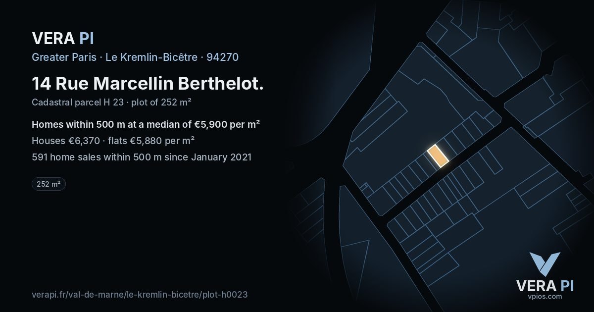 14 Rue Marcellin Berthelot, Le Kremlin-Bicêtre at night – the plot lit, the parcels around coloured by the prices near them