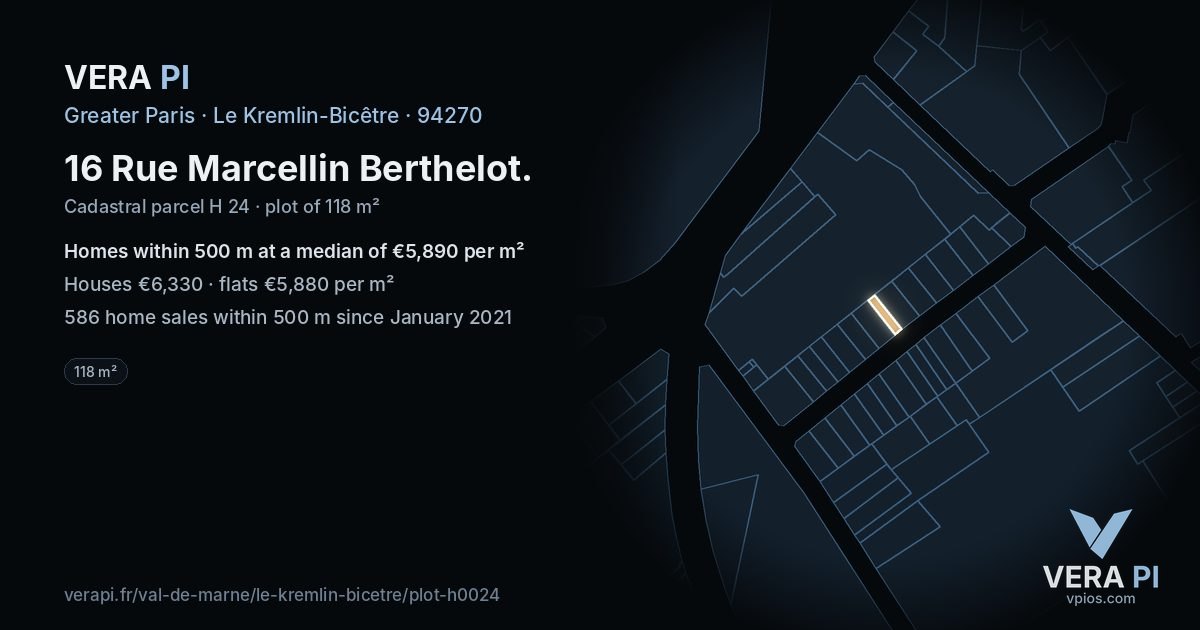 16 Rue Marcellin Berthelot, Le Kremlin-Bicêtre at night – the plot lit, the parcels around coloured by the prices near them