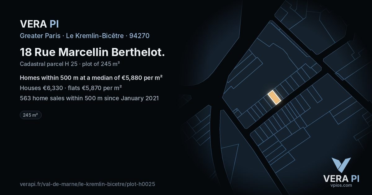 18 Rue Marcellin Berthelot, Le Kremlin-Bicêtre at night – the plot lit, the parcels around coloured by the prices near them